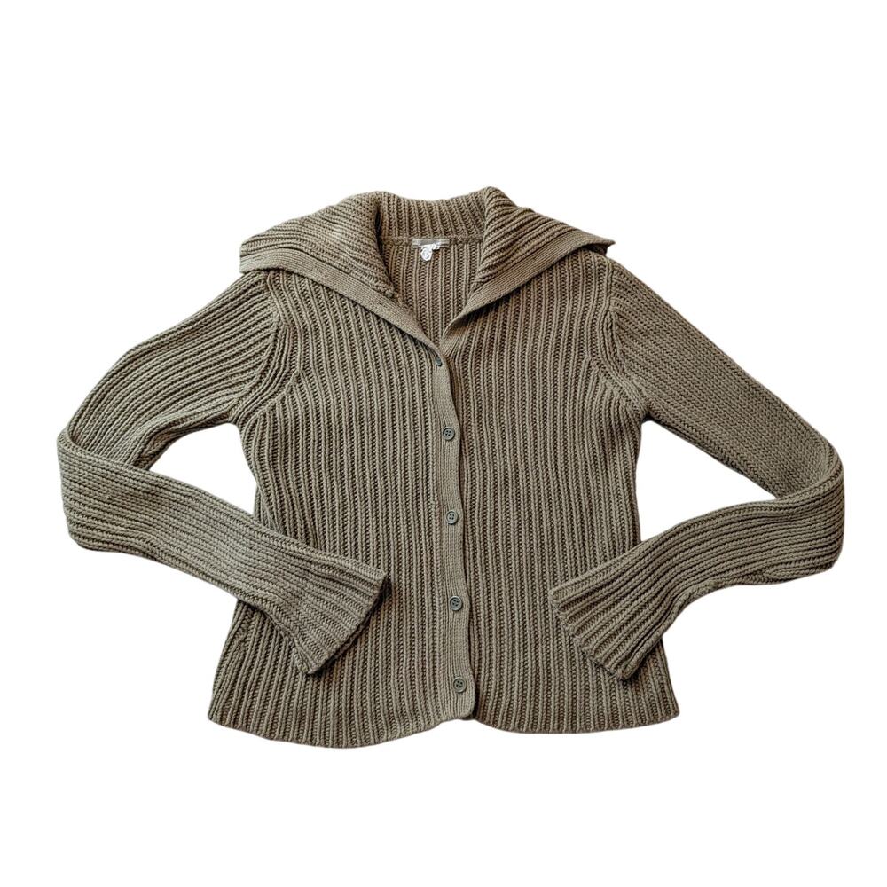 J.Crew Women’s Button Front Cardigan Sweater, M, 90's; Taupe green Ribbed Kint